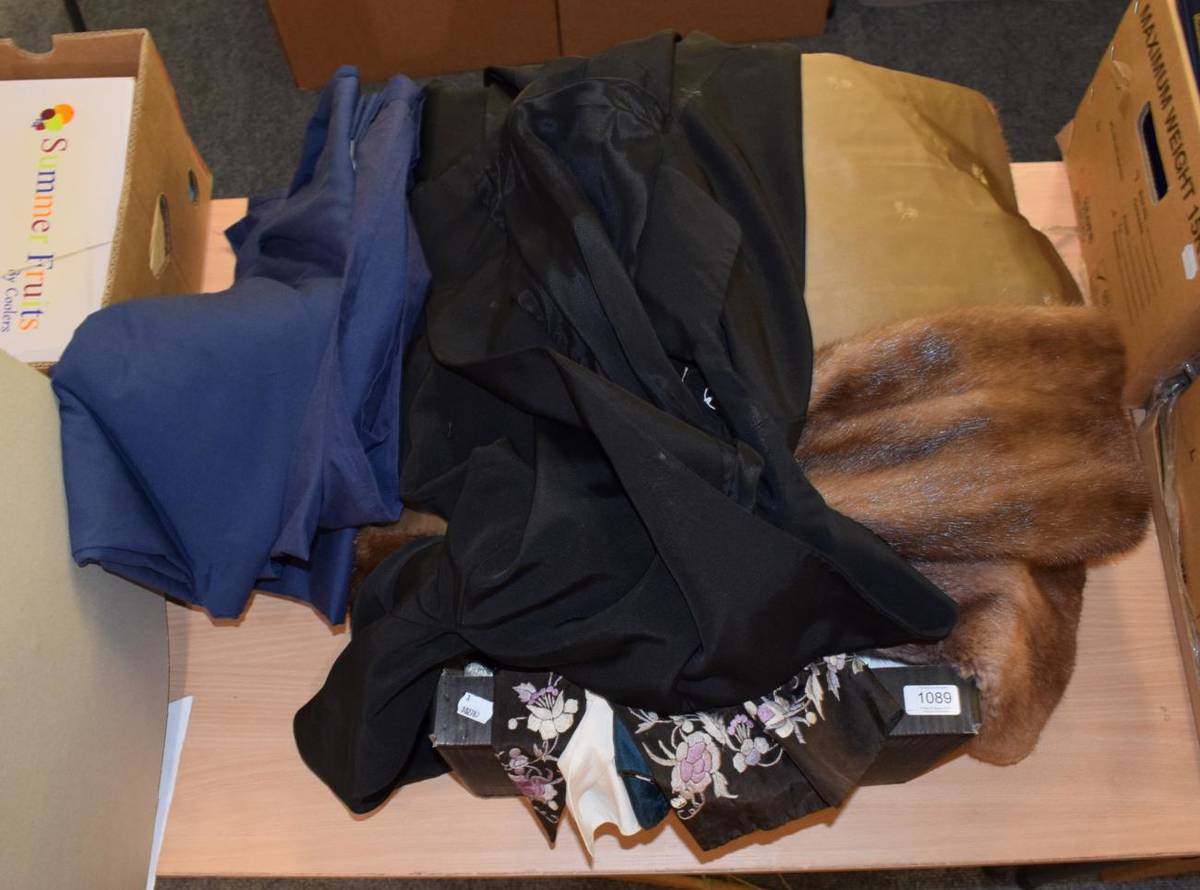 Lot 1089 - A quantity of embroidered linens; pyjama cases; gloves; a musquash fur coat; a mink fur coat;...