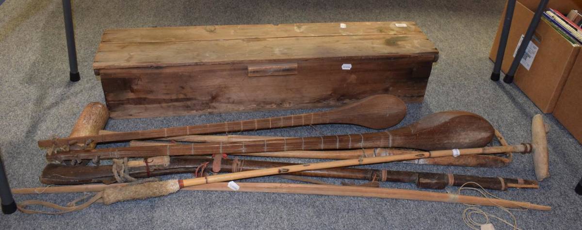 Lot 1096 - A boxed croquet set; stringed instruments etc