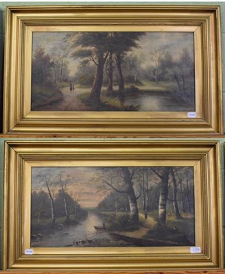 Lot 1103 - French School, 20th century, Figures and boats amongst a woodland landscape, signed...