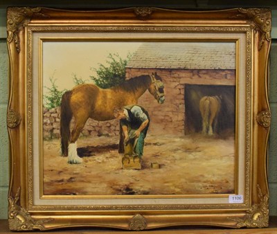 Lot 1106 - David Crane (b.1946) The Farrier, signed, oil on canvas, 39cm by 50cm