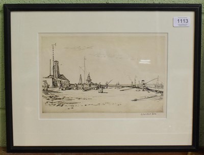 Lot 1113 - Sir Muirhead Bone (1876-1953) The Jetty, Garleston, signed, etching, 19cm by 29cm