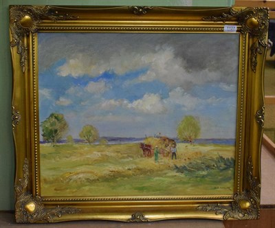 Lot 1127 - Gordon Clifford Barlow, Haymaking, signed, oil on canvas, 50cm by 60cm