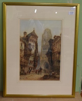 Lot 1147 - Paul Marny (182-1914) Continental cathedral and market place, signed, watercolour, 44cm by 29cm