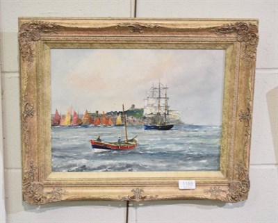 Lot 1155 - British School (20th century), Lifeboat and tall ship in a harbour (possibly Whitby), oil on board