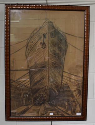 Lot 1167 - Style of Sir Muirhead Bone (1876-1953), Ship building, charcoal, 90cm by 61.5cm