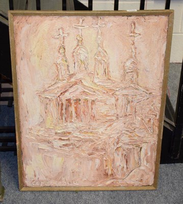 Lot 1196 - Valery Geraskevich (Contemporary) Russian Study of a church, signed and inscribed verso, oil on...