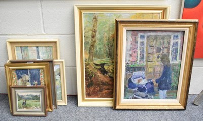 Lot 1202 - Prue Sapp (20th/21st century), Mary Reading, signed, oil on board, together with six further oil on