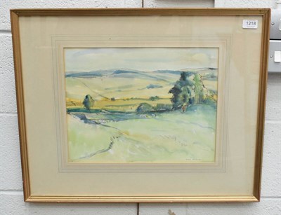 Lot 1218 - Muriel Metcalfe (1910-1994) Sheep and figures in a Yorkshire landscape, signed, watercolour,...