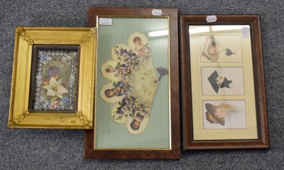 Lot 1222 - An early Victorian Valentine Card, framed; a framed chromolithographic fan, A Token of Love;...