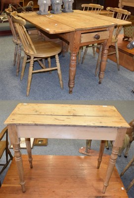 Lot 1283 - A Victorian pine dropleaf kitchen table, with frieze drawer, on turned legs, 106cm by 57cm by 75cm