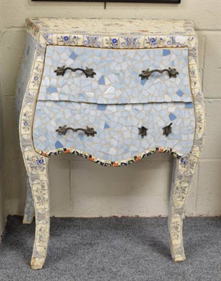 Lot 1289 - A modern two drawer bombe commode cabinet with tile fragment mosaic finish, 72cm high