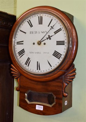 Lot 1310 - ~ A mahogany double fusee drop dial wall clock, painted dial inscribed Reid & Sons, Newcastle...