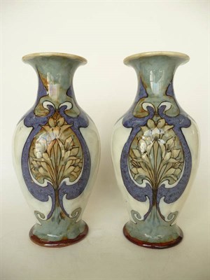 Lot 1668 - A Pair of Royal Doulton Stoneware Vases, by Eliza Simmance, painted with panels of stylised...