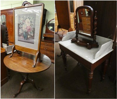 Lot 1324 - A 19th century marble topped washstand; a mahogany fire screen; a toilet mirror; and a Georgian...