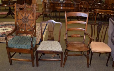 Lot 1347 - An elm country open arm chair with ladder back, a George III mahogany dining chair, an...