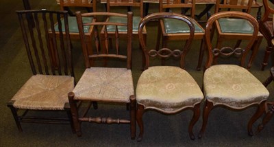 Lot 1358 - Pair of Victorian walnut balloon back dining chairs and two 19th century rush-seated chairs