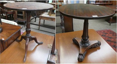 Lot 1369 - George III mahogany circular flip-top tripod table; and a William IV rosewood tripod table with...