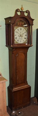 Lot 1390 - An oak eight day longcase clock, arched painted dial inscribed Craven Lyon, Bridlington