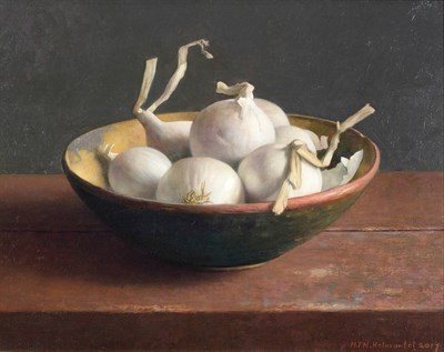 Lot 3134 - Henk Helmantel (b.1945) Dutch Still life of white onions in a painted earthenware bowl Signed...