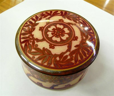 Lot 1682 - A Pilkington's Royal Lancastrian Lustre Circular Box and Cover, decorated by Gladys Rogers, painted