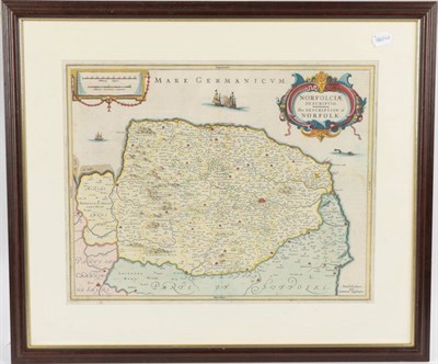 Lot 89 - Jansson, J. Norfolciae Descriptio. Amsterdam, c.1636. Early hand-colouring in wash, framed and...