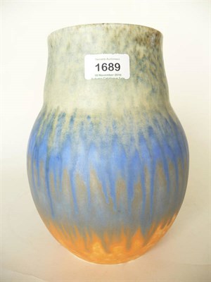 Lot 1689 - A Ruskin Pottery Matt Glaze Vase, of swollen design, banded in blue, orange and green,...