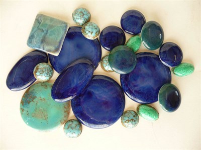 Lot 1692 - A Group of Ruskin Pottery Enamels and Buttons, blue and turquoise glazed, circular, oval and square