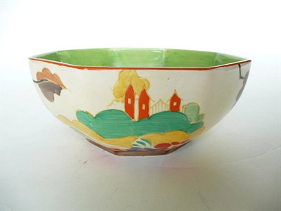 Lot 1701 - A Clarice Cliff Bizarre "Alton" Octagonal Bowl, painted with distant castle turrets partly...