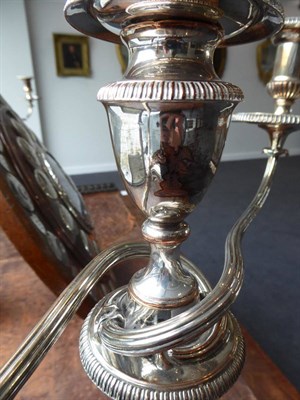 Lot 3 - A Pair of Old Sheffield Plate Three-Light Candelabra, by Matthew Boulton, First Half 19th...