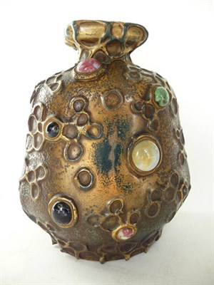 Lot 1707 - An Art Nouveau Amphora Vase, covered in a gold glaze with applied cabochons, impressed factory...