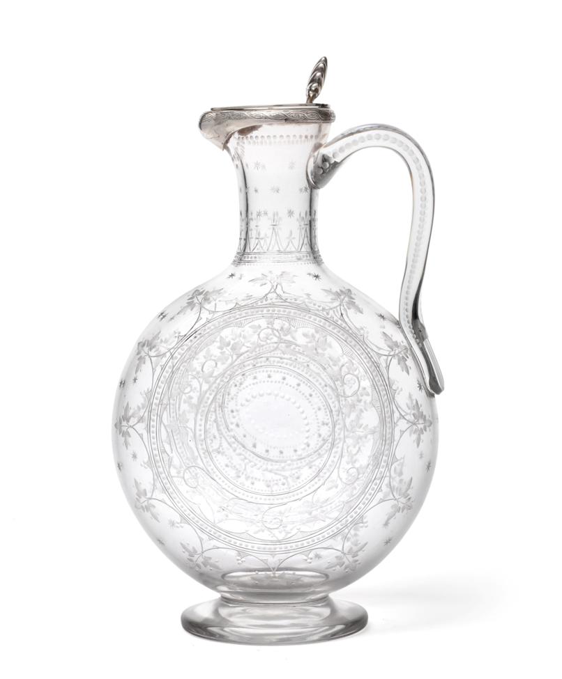 Lot 47 - A Victorian Silver-Mounted Engraved-Glass Claret-Jug, Maker's Mark Rubbed, Possibly HM for...
