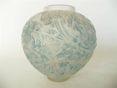 Lot 1712 - A Rene Lalique "Gui" Frosted and Blue Stained Glass Bulbous Vase, No.948, moulded with fruiting...