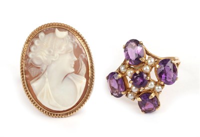 Lot 134 - A 9 Carat Gold Amethyst and Seed Pearl Cluster Ring, of quatrefoil form, finger size N, and A 9...