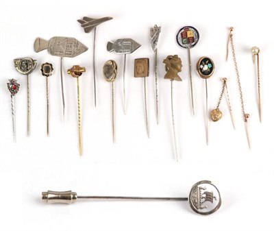 Lot 151 - Seventeen Stick Pins, including a pearl that converts from a pin to a stud, cased; a pietra...