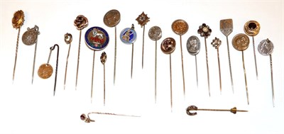 Lot 154 - Twenty-Two Stick Pins, including a ruby diamond and pearl example, a garnet and split pearl...