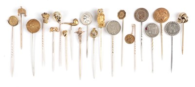 Lot 155 - Twenty Stick Pins; including a knot, cased; coin examples; an owl example; a pipe example etc...