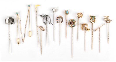 Lot 157 - Fourteen Stick Pins, including a diamond set horn and crop, cased; other hunting related...
