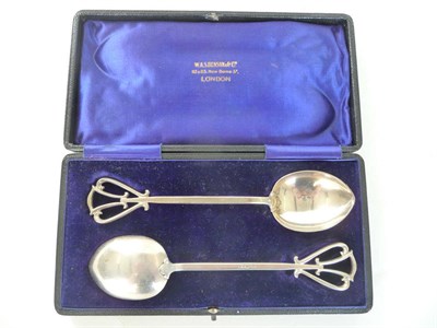 Lot 1722 - A Pair of Silver Fruit Spoons, designed by W.A.S Benson, with pierced tails and shaped bowls,...