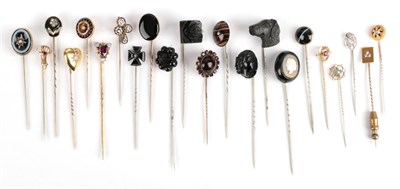 Lot 162 - Twenty-Two Stick Pins, including agate examples; a dog's head example; gem set examples etc...