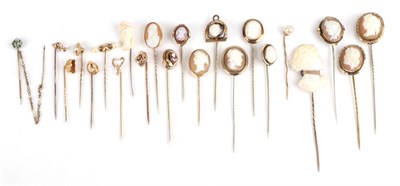 Lot 165 - Twenty-Two Stick Pins, including thirteen cameo examples; pearl set examples etc, three cased...
