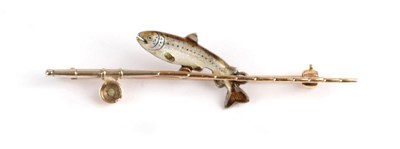 Lot 166 - A Novelty Brooch, depicting a trout behind a fishing rod, the trout enamelled, length 6.4cm