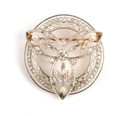 Lot 170 - A Belle Epoque Diamond and Seed Pearl Brooch, of foliate trefoil form within a circular frame,...