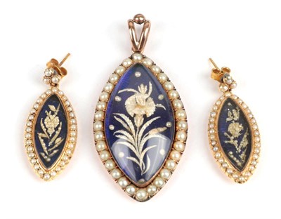 Lot 173 - A Pearl Pendant and Earring Set, circa 1850, each with a lozenge shaped form, with blue enamel...