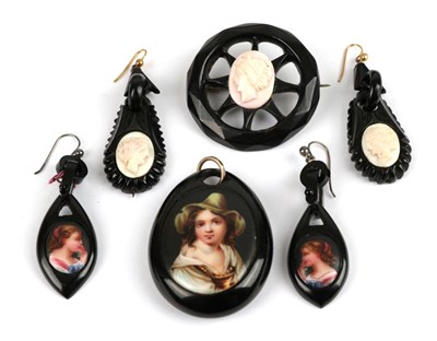 Lot 177 - A Small Quantity of Jet Jewellery, including; a jet pendant, with a portrait inlaid, measures 3.6cm