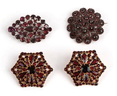 Lot 178 - Two Garnet Brooches and A Pair of Earrings, a lozenge shaped cluster brooch of foil backed garnets