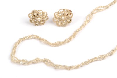 Lot 179 - A Seed Pearl Necklace, three rows of entwined seed pearls, length 40cm; and A Pair of Earrings, set