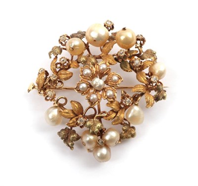 Lot 192 - A Diamond and Pearl Floral Plaque Brooch, the various sized pearls set with old cut diamonds in...
