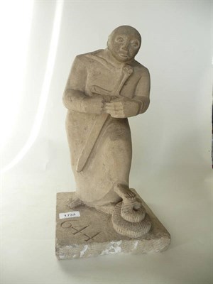 Lot 1733 - A Stone Sculpture of a Monk, in the style of Eric Gill, holding a sword, with a foot raised up...