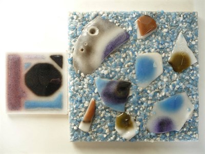 Lot 1736 - A Thermal Syndicate Ltd Glass 12" Square Tile, with textured blue and white ground set with odd...