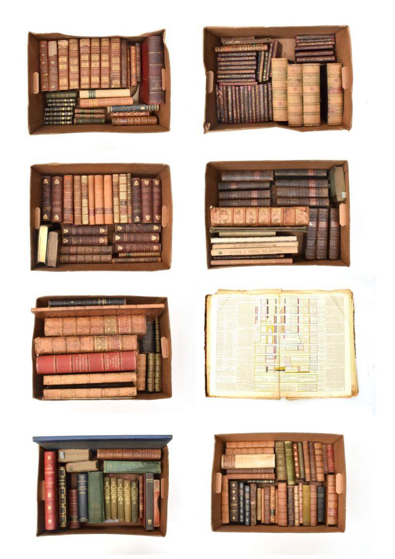 Lot 362 - Nine Boxes of Principally Variously Leather-Bound Books, on topics such as literature,...